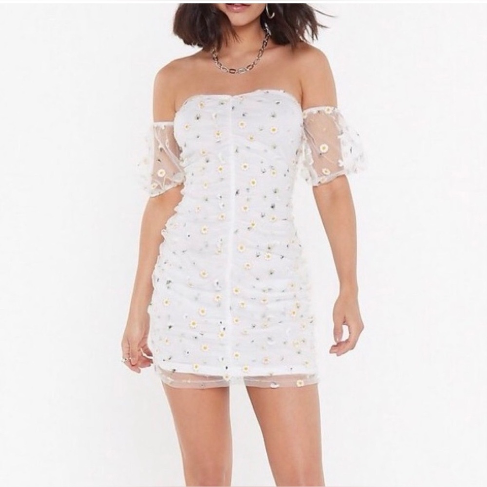 Nasty Gal White Floral Off-Shoulder Mini Dress